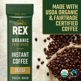 Rex Coffee Organic Fairtrade Natural Decaf Freeze-Dried Instant Sticks – Naturally Decaffeinated Arabica, 100 Single-Serve Packs – Lab Tested for Mold, Mycotoxins, Heavy Metals, & Acrylamide