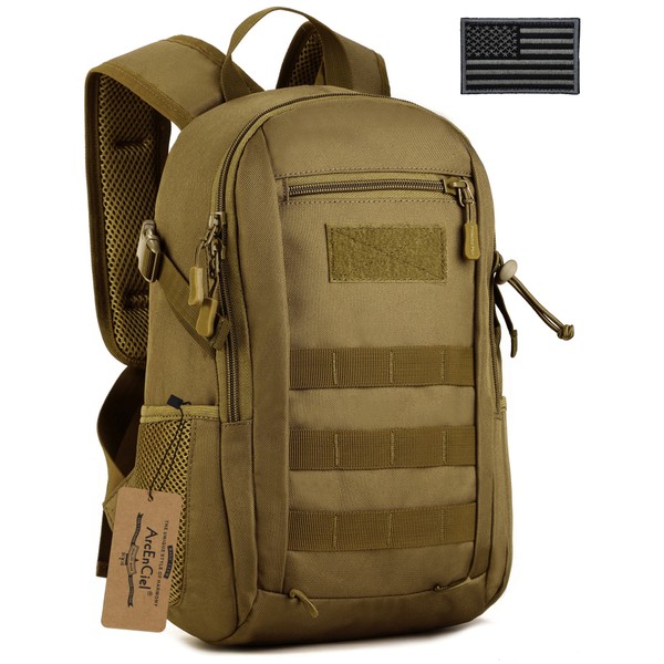 ArcEnCiel 12L Small Tactical Backpack Military MOLLE Daypack Gear Assault Pack Camping Bag (Coyote Brown)