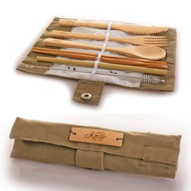Zero Waste Plastic Free Reusable Bamboo Cutlery Set Fork, Spoon, Knife, Chopsticks, Straw by Kozy Kitchen- BONUS Straw Brush (Dark Green)