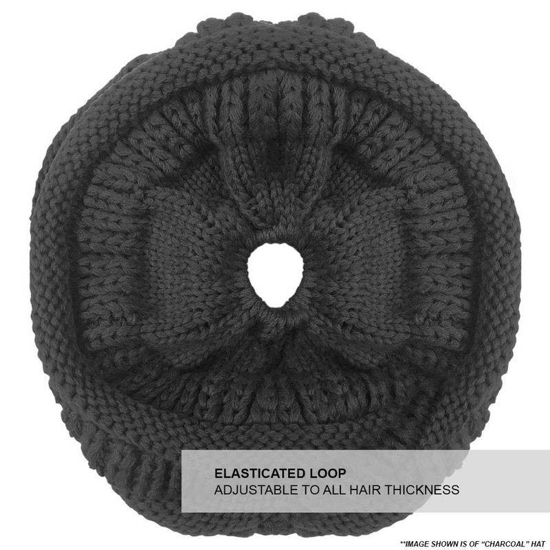 TOSKATOK® Ladies Womens Plain Ponytail Messy Bun Ribbed Winter Beanie