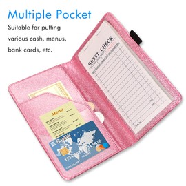ACdream Server Books for Waitress, Guest Book Note Pad, Cute Pocket Leather Money Organizer Wallet, Cash Check Bill Receipt Holder Presenter, Waiter Accessories, Glitter Pink