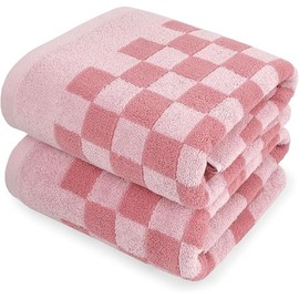 Jacquotha Soft Bath Towels for Bathroom Beach Pool (Pink Checkered), Quick Dry Cotton Shower Towels Set of 2, Cute Funny for Her Women Girls, 27.5x55 Inches