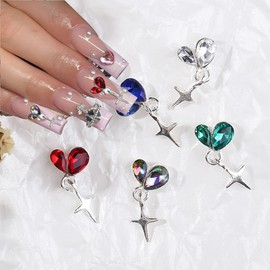 12Pcs 3D Alloy Metal Silver Heart Nail Charms Shiny Starlight Nail Gems and Charms Jewelry Rhinestones Love Hearts Silver Star Pendant Tassel Chain Nails Crystals for Women DIY Crafts Decoration