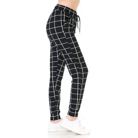 Leggings Depot JGA-Q655-M Checkered Black Print Jogger Pants w/Pockets, Medium