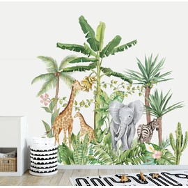 Runtoo Tropical Jungle Animal Wall Decals Giraffe Elephant Plants Wall Stickers Kids Room Bedroom Wall Decor