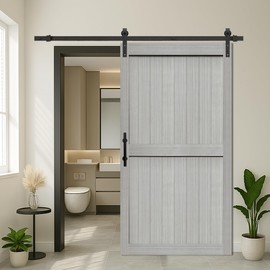 S&Z TOPHAND® 42in x 84in MDF Light Gray Barn Door with 8FT Sliding Door Hardware Kit, 24-60in Solid Barn Door Slab Covered with Water-Proof PVC Surface, Simple Assembly is Required