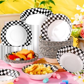 SiliFine 16oz Checkered Paper Bowls Racing Party White Black Checkered Flag Disposable Bowls Round Paper Soup Bowls Dinner Dessert Snack Serving Salad Bowls for Race Car Theme Party Supplies(100 Pcs)