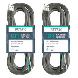FSTSN 2 Pack 12 ft 14/3C SJTW Appliance and Power Tool Cord, 14 Gauge 3 Prong Replacement Power Supply Cord Cable, 110V 115V 120V AC Pigtail, 15A, 1875w Grey