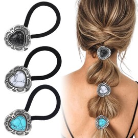 Ouligay 3 Pcs Western Ponytail Holders,Metal Boho Hair Ties with Turquoise,Boho Hair Ties Bracelet Hair Ties No Damage,Vintage Heart Hair Ropes,Silver Hair Bands,Hair Accessories for Women Girl