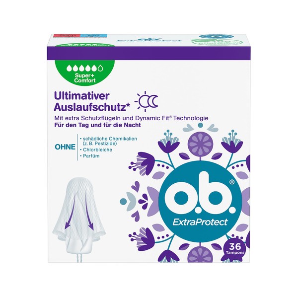 o.b. ExtraProtect Super+ Comfort Tampons for Very Strong Days with DynamicFit Technology & Extra Protective Wings, Ultimate Leak Protection* (Pack of 36)