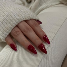 Wine Red Press on Nails Almond Shaped 48Pcs Neutral Thick Fake Nails for Women, Cherry Medium Almond Nails Press on Reusable Acrylic Nails Glue on Medium Length Stiletto False Nails Gel Nails