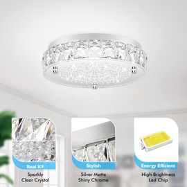 Crystal Chandeliers Flush Mount LED Ceiling Light Fixture, 5000K Daylight White Super Bright 1980LM 11-Inch Dimmable Farmhouse Kitchen Light Modern Ceiling Lamp for Bedroom Bathroom Nursery