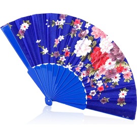 Fat-catz-copy-catz 1x Blue Flowers Fabric & Plastic 23cm Length Wedding Chinese Japanese Geisha Costume Dressing up Ladies Foldable Hand Fan