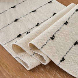 Zkanac Table Runner 90 Inches Long, Boho Style with Handmade Tassels for Kitchen Dining Table, 70% Cotton & 30% Linen, Modern Farmhouse Home Decor for Living Room (Beige Black, 12x90 Inch)