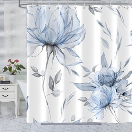 Blue Grey Watercolor Floral Shower Curtain, Flower Leaves Minimalist Aesthetic Art Shower Curtains for Bathroom Sets Decor, Waterproof Polyester Cloth Fabric with 12 Hooks,60x72 Inch