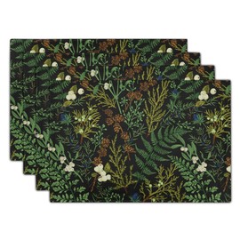 Green Leaves Placemats Set of 4 Botanical Fern Leaf Floral Place Mats Washable Kitchen Dining Spring Summer Black Linen Table Mats Stain Heat-Resistant for Home Party Indoor 12x18 in
