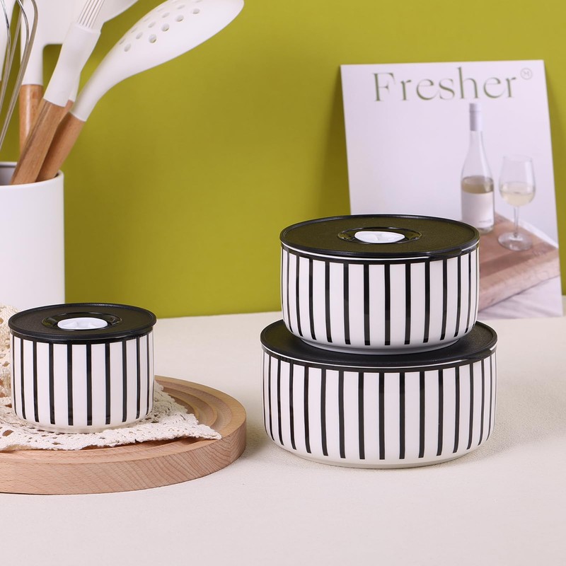 XYQXYQ 3-Piece Ceramic Bowl Set with Lids - Versatile Kitchen