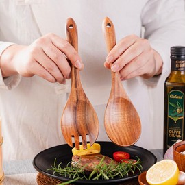 HAOHIZE Wooden Salad Servers Set of 2 Salad Servers 10.5 Inch Spoon and Fork Long Handle Salad Serving Cutlery Wooden Salad Tongs Wooden Salad Servers Cooking Utensils for Kitchen