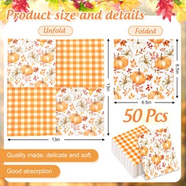 FYSUIMU 50Pcs Fall Paper Napkin Pumpkin Maple Leaves Plaid Disposable Luncheon Napkins Double-Printed Dinner Hand Napkins for Autumn Harvest Thanksgiving Party Table Decor