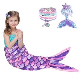 WERNNSAI Mermaid Blanket - Soft Mermaid Tail Blanket with Sequins Hairpin Bracelet for Girls Teenagers Purple Flannel Mermaid Portable Blanket Gift for Birthday 140 x 60 cm