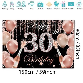 30th Birthday Decoration Happy 30th Birthday Backdrop for Woman Birthday Party Background Shining Glitter Rose Spots Black and Pink Party Banner Photo Studio Props