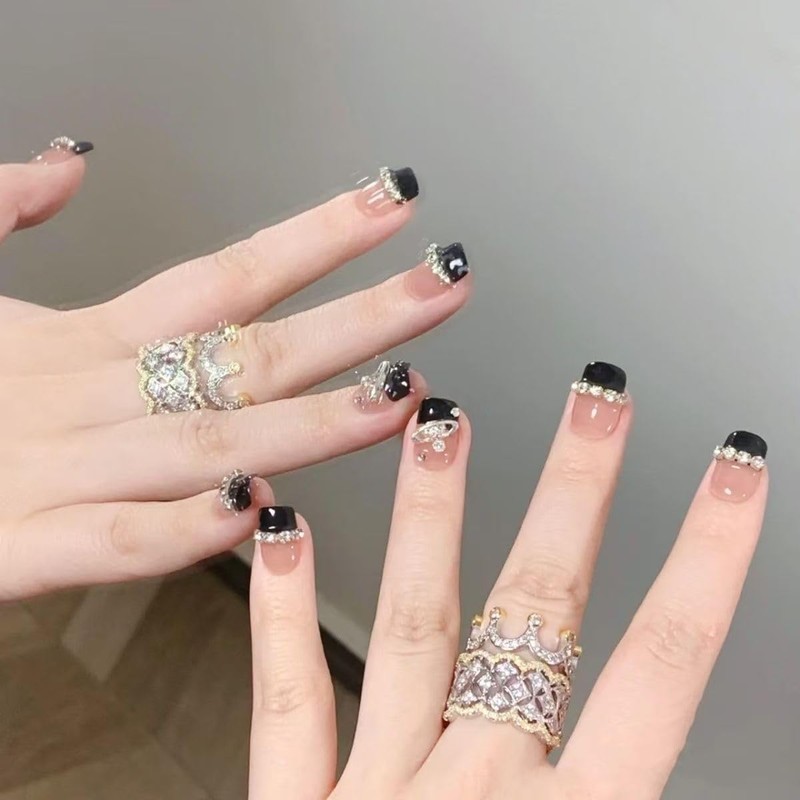 ネイルチップ 黒 ダイアモンド黒 24枚入り ネイル用品 ネイルチップ ショート ロング 春夏 ラウンドチップ