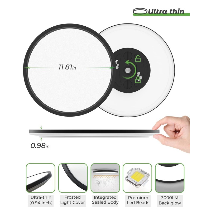 zemty Black LED Flush Mount Ceiling Light - 12 Inch