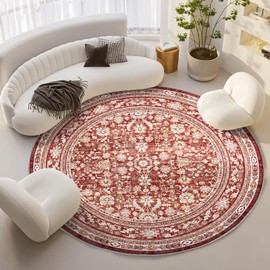 OPPODREAM Vintage Red Round Rug 6ft, 6 ft Retro Washable Circle Rug Non Slip, Low-Pile Faux Wool Circular Carpet, Soft Distressed Floor Mat for Living Room, Bedroom, Office, Dorm, Dinning Room
