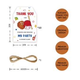 50pcs Baseball Thank You Tags, Baseball Gift Tag with String for Sport Party, Baseball Thank You Paper Tags for Ball Themed Birthday/Sport Game Party Favors