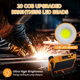 Portable Solar Rechargeable Work Light - COB LED Job Site Flashlight with 4 Modes, Battery Powered Waterproof Solar Flood Light with Stand for Mechanic, Camping, Car Repair, Hiking, Emergency