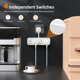 Multi Plug Extension Socket 4 Way with Flexible Plug, 4 Gang Plug Adapter UK with Individual Switches, Short Small Extension Adaptor for Home, Kitchen. White