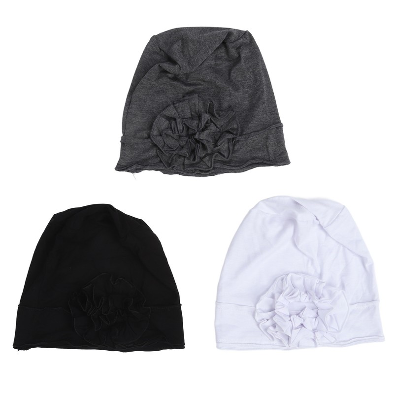 Women Turban Flower Cap Balck White and Gray Pure Color