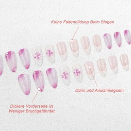 Auriselle Press on Nails Short 24 Pieces French False Short Almond Nails Artificial Nails White and Purple Colour Gradient on Nails with Design 3D Flower, Perfect for Manicure at Home