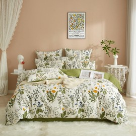 Luowei Floral Bed Linen 135 x 200 cm Cotton 2-Piece Duvet Cover White Green Bed Linen Sets 135 x 200 cm with 1 Pillowcase 80 x 80 cm Oeko-Tex Bed Linen Set with Zip