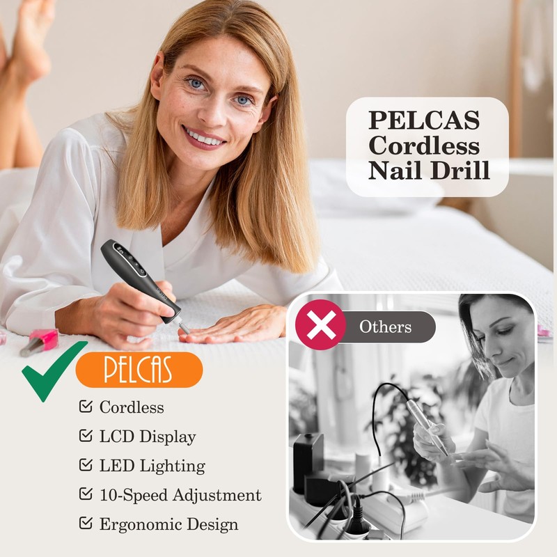 PELCAS Electric Nail Drills, Professional Cordless Nail File Kit with