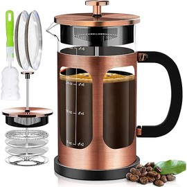 French Press Coffee Maker (34oz 1Quart 5-6Cup) Coffee Press, with 4 Filters System, Heat Resistant Thickness Borosilicate Glass, Cold Brew Coffee Tea Pot Gifts (Copper)