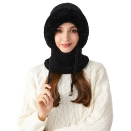 KEOYA Face Mask Beanie Hat for Women Slouchy Fleece Knitted Cap with Neck Circle Scarf Winter Wind-Resistant Pullover Hat with Drawstring Snow Ski Warmer Kit Black M