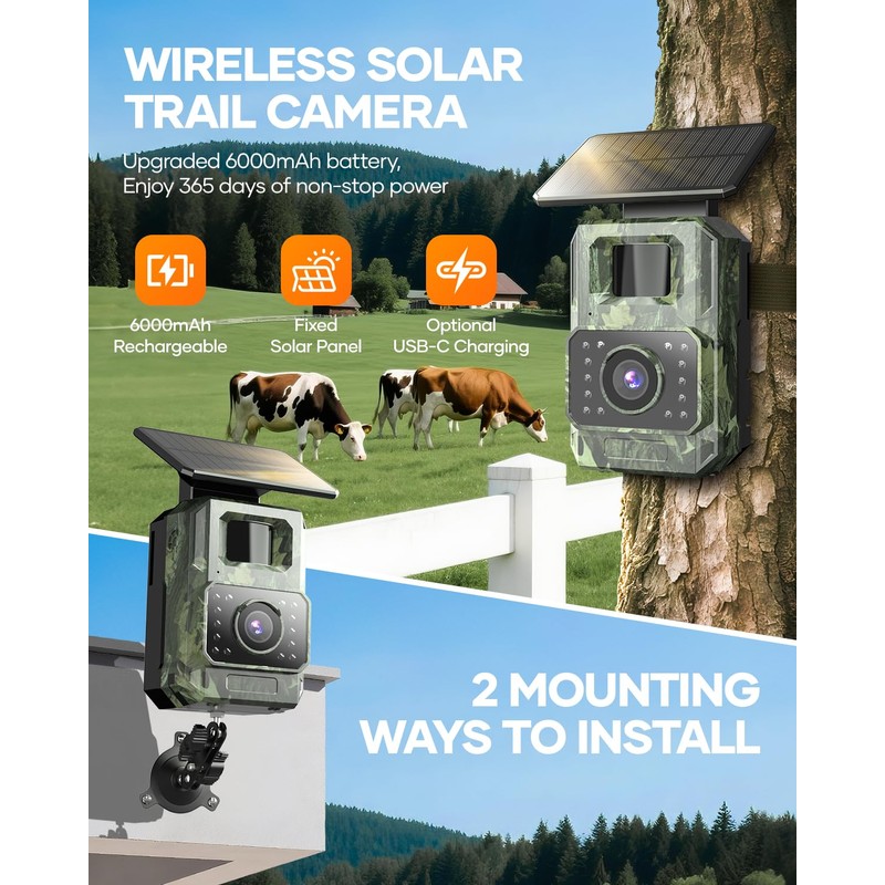 Solar Trail Camera 64MP 4K, 6000mAh Wildlife Camera with Night