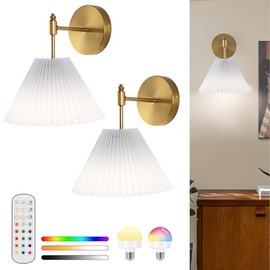 BELS Battery Operated Wall Sconce Set of 2,Modern Wireless Wall Sconces with Remote,Dimmable.3CCT,12 RGB, Gold Wall Lamp Fixture Indoor Bedroom Living Room Kitchen, LED Bulbs Included