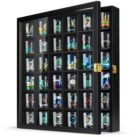 TJ.MOREE Shot Glass Display Case 36 Slots Glass Display Holder Wall Mounted with Lockable Door, Black