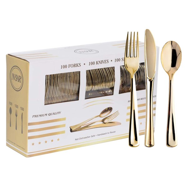 N9R 300PCS Silverware Gold Plastic Cutlery Set Disposable Flatware Dinnerware -100 Gold Forks, 100 Gold Spoons, 100 Gold Knives for Party, Birthday, Wedding Gold Utensils
