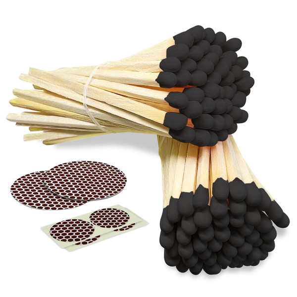 4" Bold Black Tip Matches (100 Count, with Striking Stickers Included) | Decorative Unique & Fun for Your Home, Gifts, Accessories & Events | Premium Long Wood Safety Matches by Thankful Greetings
