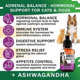 Adrenal Balance for Dogs and Cats - Cushings Treatment for Pets, Adrenal Support w/ Ashwagandha, Licorice Root, Rhodiola Rosea - 2oz Herbal Drops