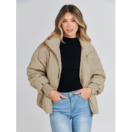 MEROKEETY Women's 2025 Winter Long Sleeve Zip Puffer Jacket Pockets Baggy Short Coats, Khaki, XS