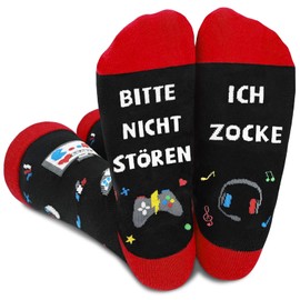 YUNYAKARSA Funny Socks Gambling with Saying "Bitte NICHT STÖREN ICH ZOCKE, Gaming Socks Funny Gifts for Men Christmas, Gamer Gift Cool Things for Boys Women Boys 10 11 12 13 Years, red