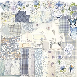 100PCS Vintage Floral Scrapbook Paper,Textured Paper Assorted Set, Special Papers Label for Junk Journal Diary Journal Embellishment Supplies DIY Craft Blue