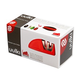 UULKI | Messerschärfer mit rutschfester Gummibasis und Gummibeschichtung | | Scherenschärfer mit 2 Stufen | passt in jede Schublade | Rot