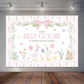 Joliaco Silly Goose Baby Shower Backdrop Coquette Pink Bow Goose Baby Shower Banner for Girl Cute Geese Farm Animals Party Decorations Supplies (7x5ft)