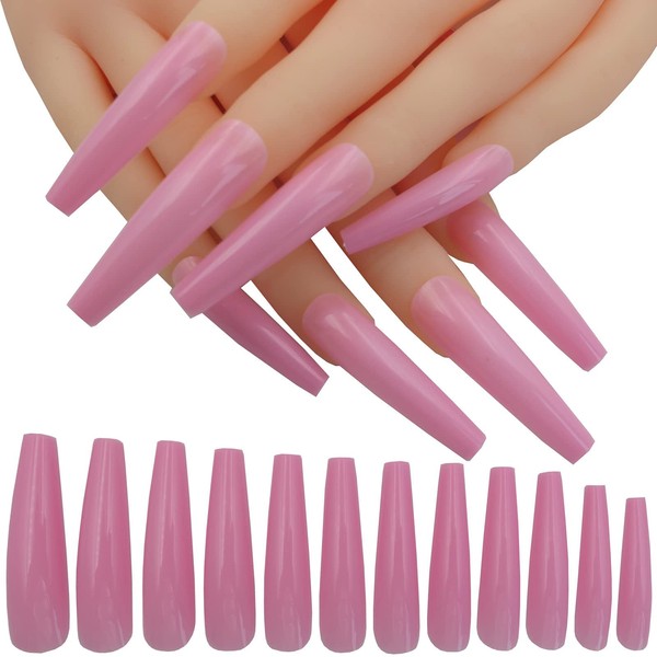 LuckForever 120pc Colored Extra Long Coffin Press on Nails XL Ballerina False Fake Nails Full Cover Artificial Nail Decor 12 Sizes for Salon and Home (Pink)