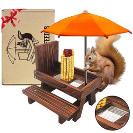 Carbonized Squirrel Feeder Picnic Table with Umbrella, Squirrel Feeders for Outside Waterproof Chipmunk Feeder with Solid Structure for Squirrel Gift (Orange)